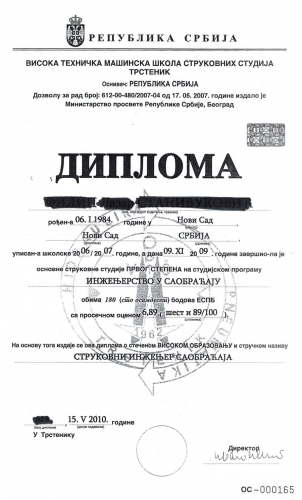 Diploma Visoke tehničke mašinske škole strukovnih studija Trstenik od 15.05.2010.