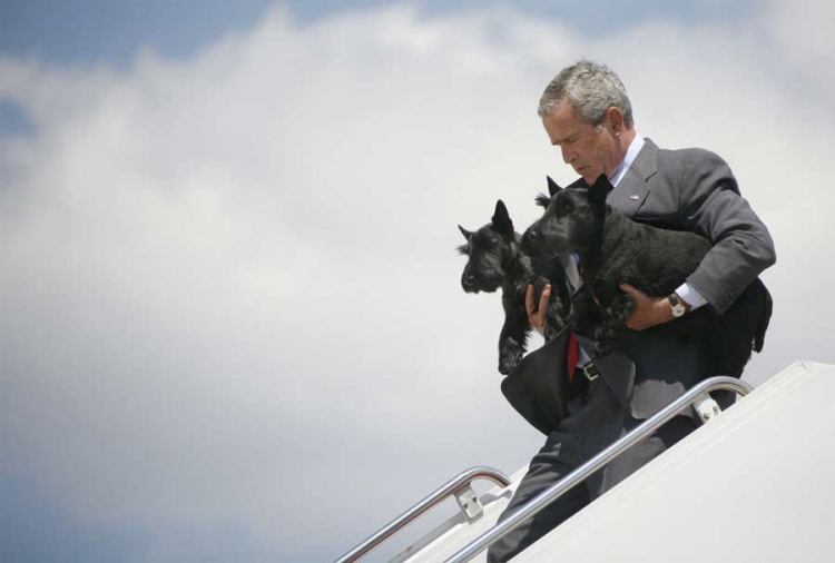 Bivši američki predsjednik Džordž Buš Mlađi snimljen na aerodromskoj pisti sa svoja dva kućna ljubimca — Barnijem i Mis Bizli.