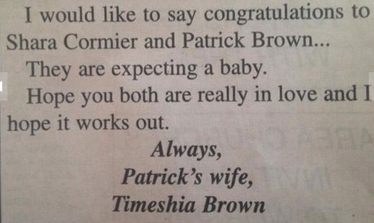 "Želim da čestitam Šari Kormier i Patriku Braunu jer očekuju bebu. Nadam se da su stvarno zaljubljeni i da će njihova ljubav da potraje. Zauvijek, Patrikova supruga .."
