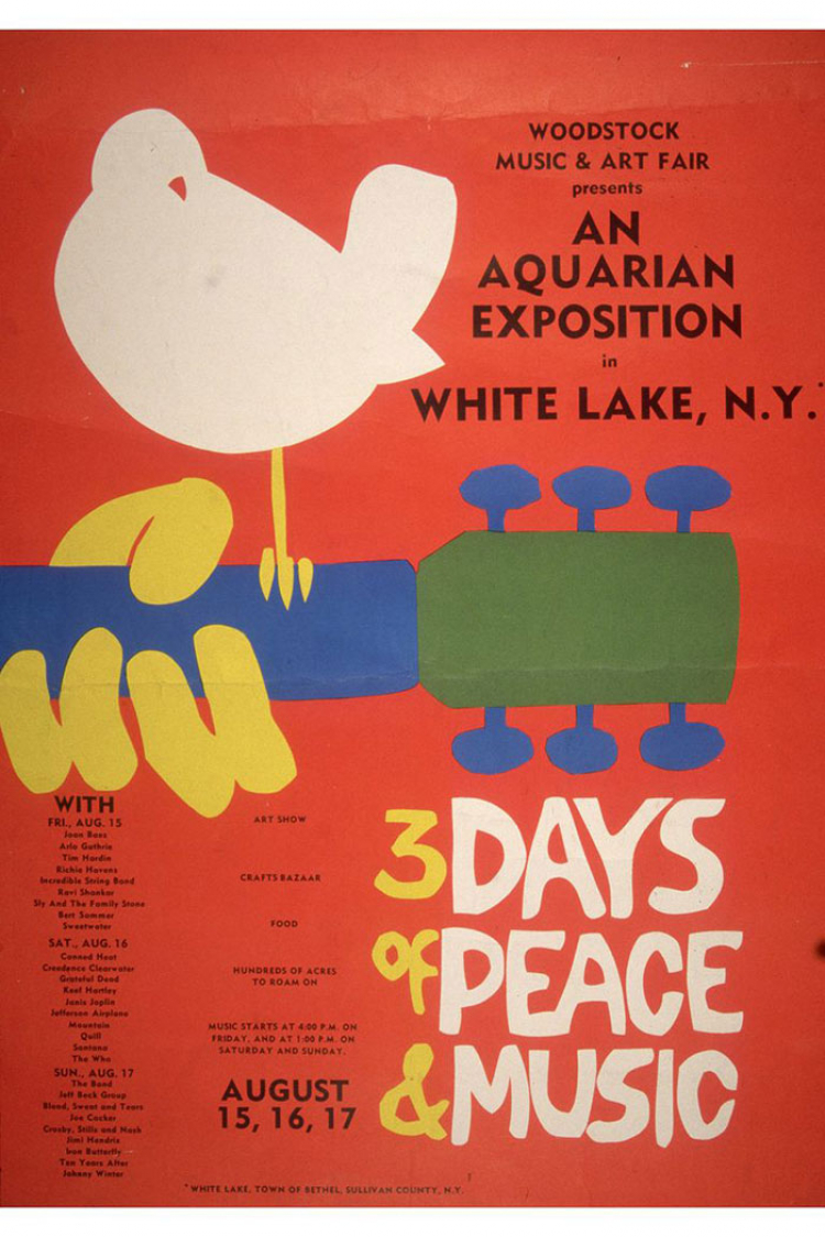 Arnold Skolnik napravio plakat na kojem je na vratu gitare nacrtao bijelu golubicu te napisao: "Tri dana mira i muzike"