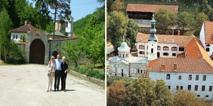 Akademik Janjić sa suprugom Svetlanom (levo) i koleginicom Jovankom (desno) ispred manastira Drača (Kragujevc) 2011. i manastir Tavna (Bijeljina) koji je posetio 2014. 