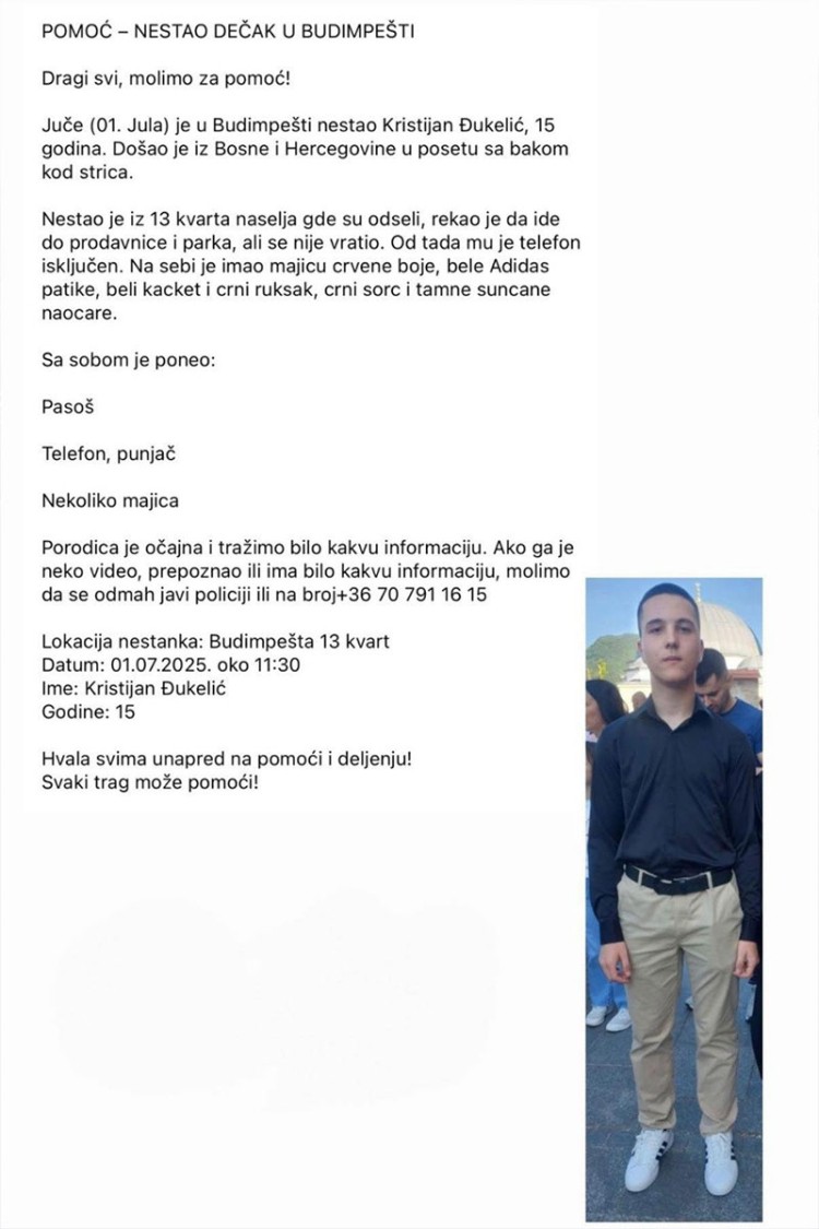 Kristijan Đukelić (15) iz Mrkonjić Grada nestao u Budimpešti